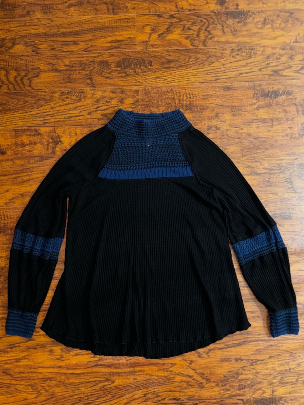 Free People Snow Day Thermal Long Sleeve Top Knit Ribbed Black & Blue Sweater